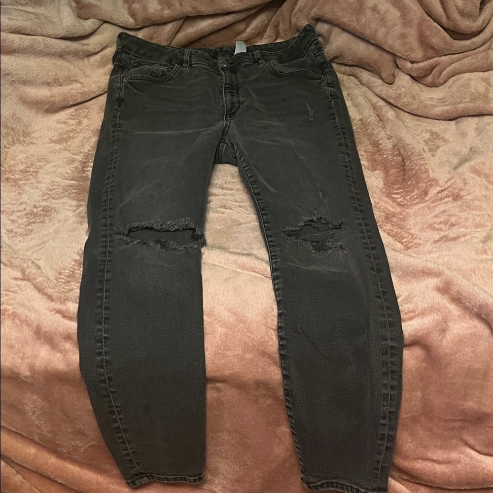 American Eagle Outfitters Men's Charcoal Distressed Skinny Jeans